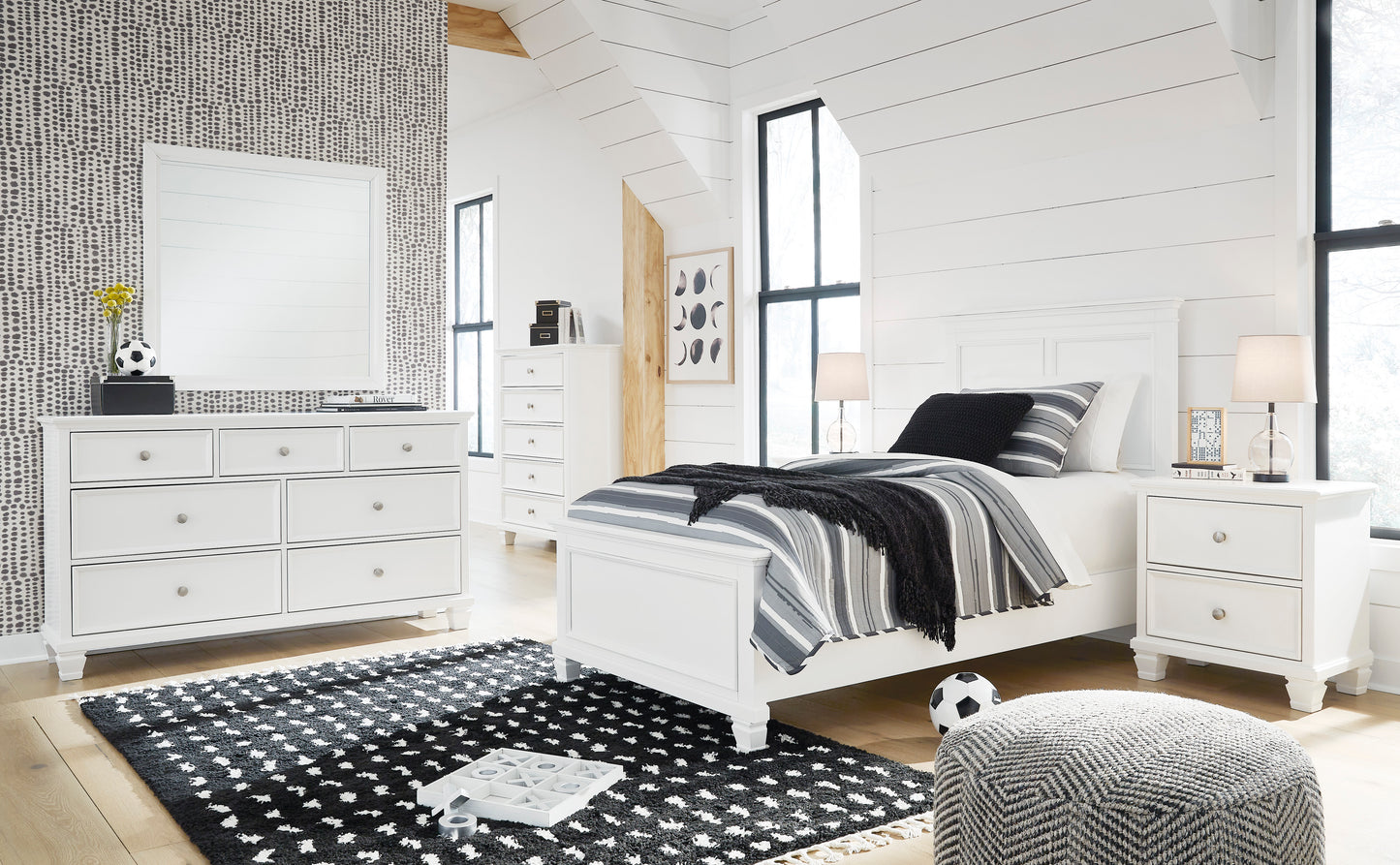 Fortman Twin Panel Bed with Mirrored Dresser