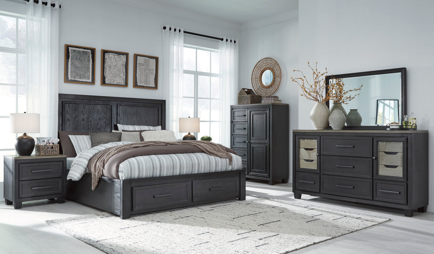 Foyland King Panel Storage Bed with Mirrored Dresser & Nightstand