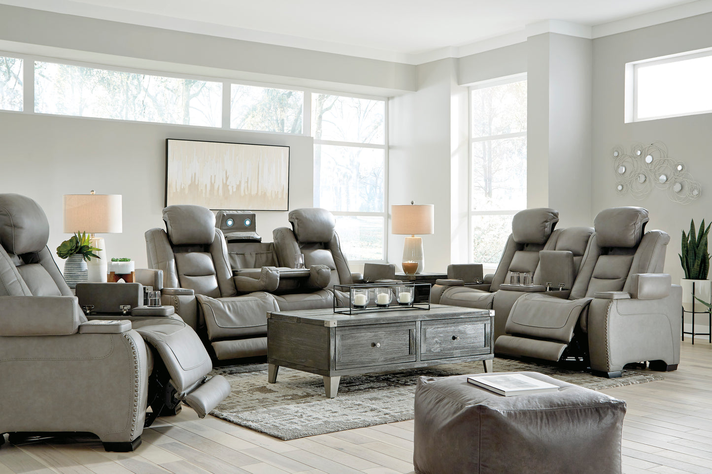 The Man-Den Gray Triple Power Reclining Sofa & Loveseat