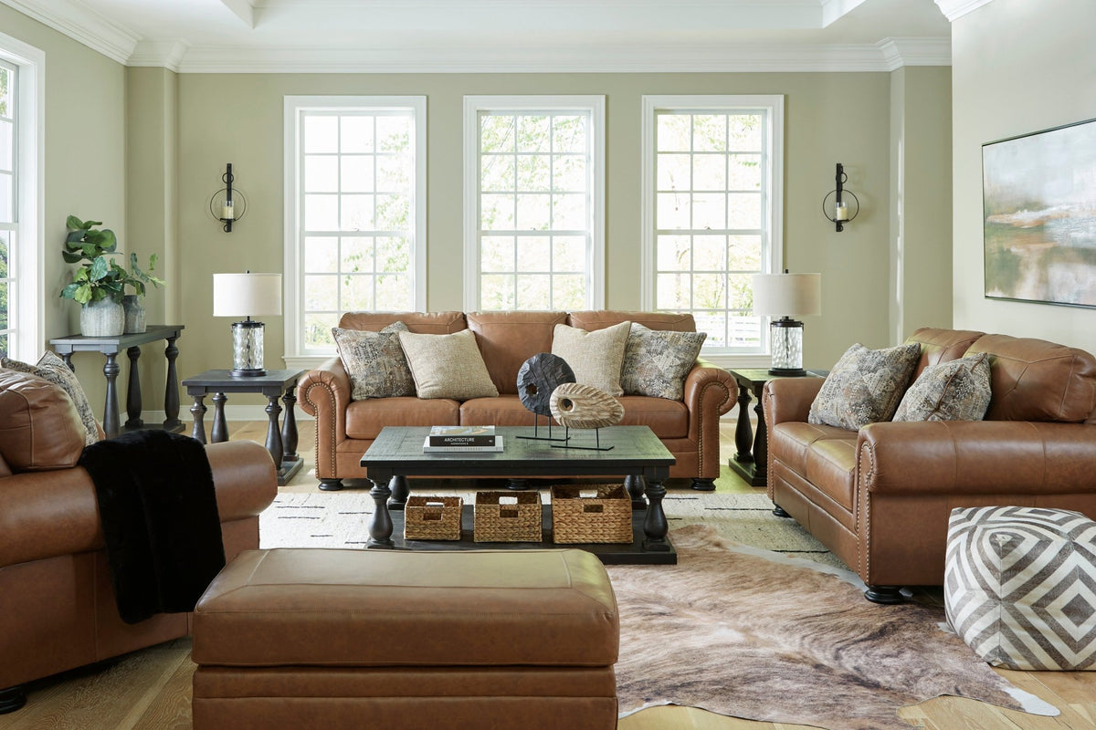 Carianna Caramel Leather Oversized Chair & Ottoman - Rooms For Less Furniture Outlet