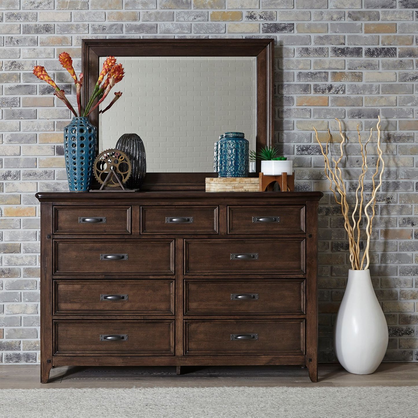 Saddlebrook Queen Panel Bed, Dresser & Mirror, Night Stand