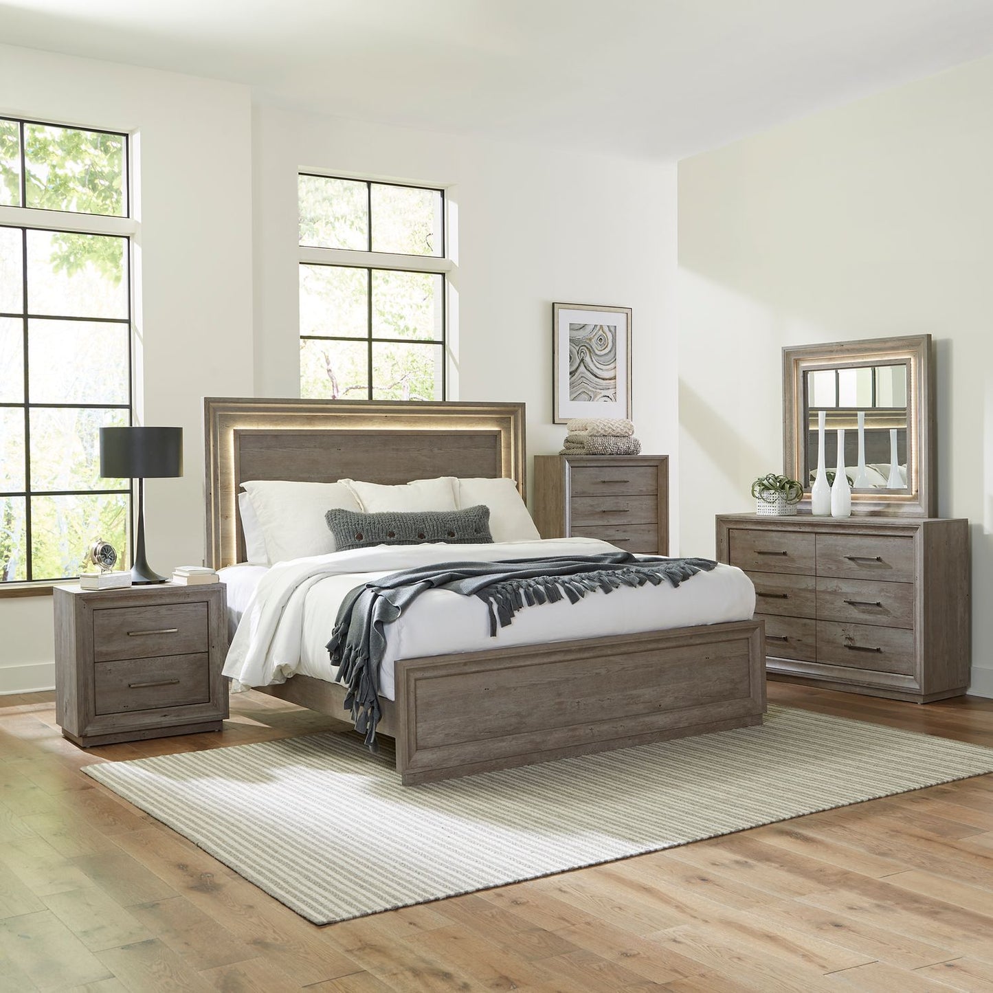 Horizons Queen Panel Bed, Dresser & Mirror, Night Stand