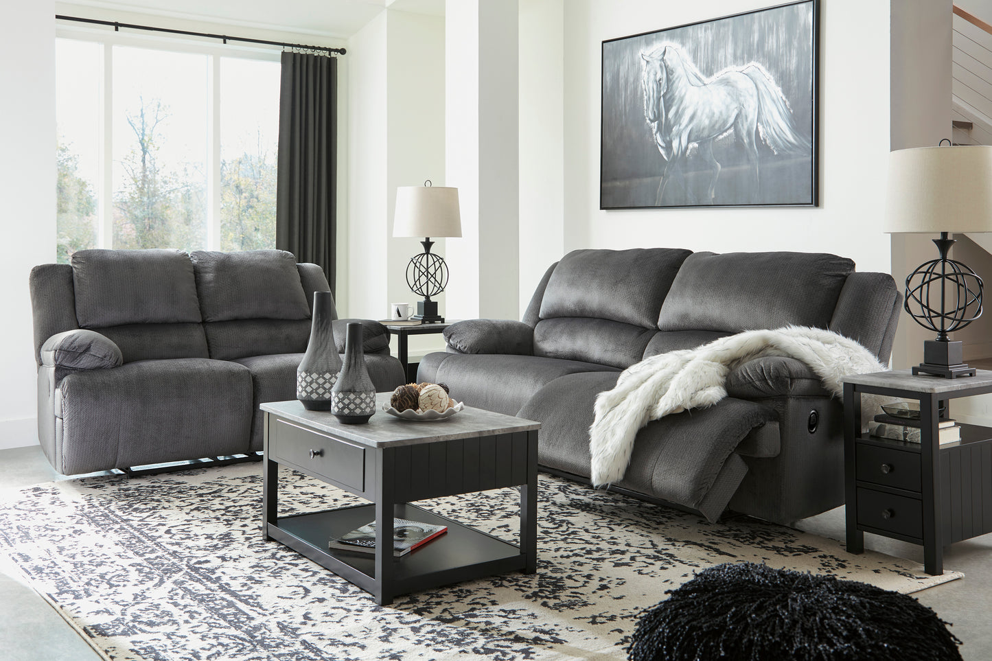 Clonmel Charcoal Power Reclining Sofa and Loveseat