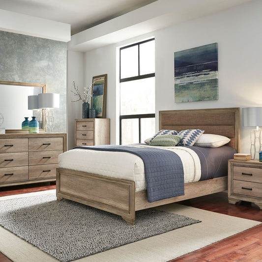 Sun Valley Queen Upholstered Bed, Dresser & Mirror, Night Stand