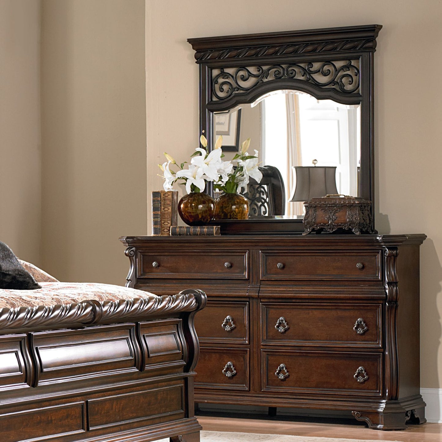 Arbor Place Queen Sleigh Bed, Dresser & Mirror, Night Stand