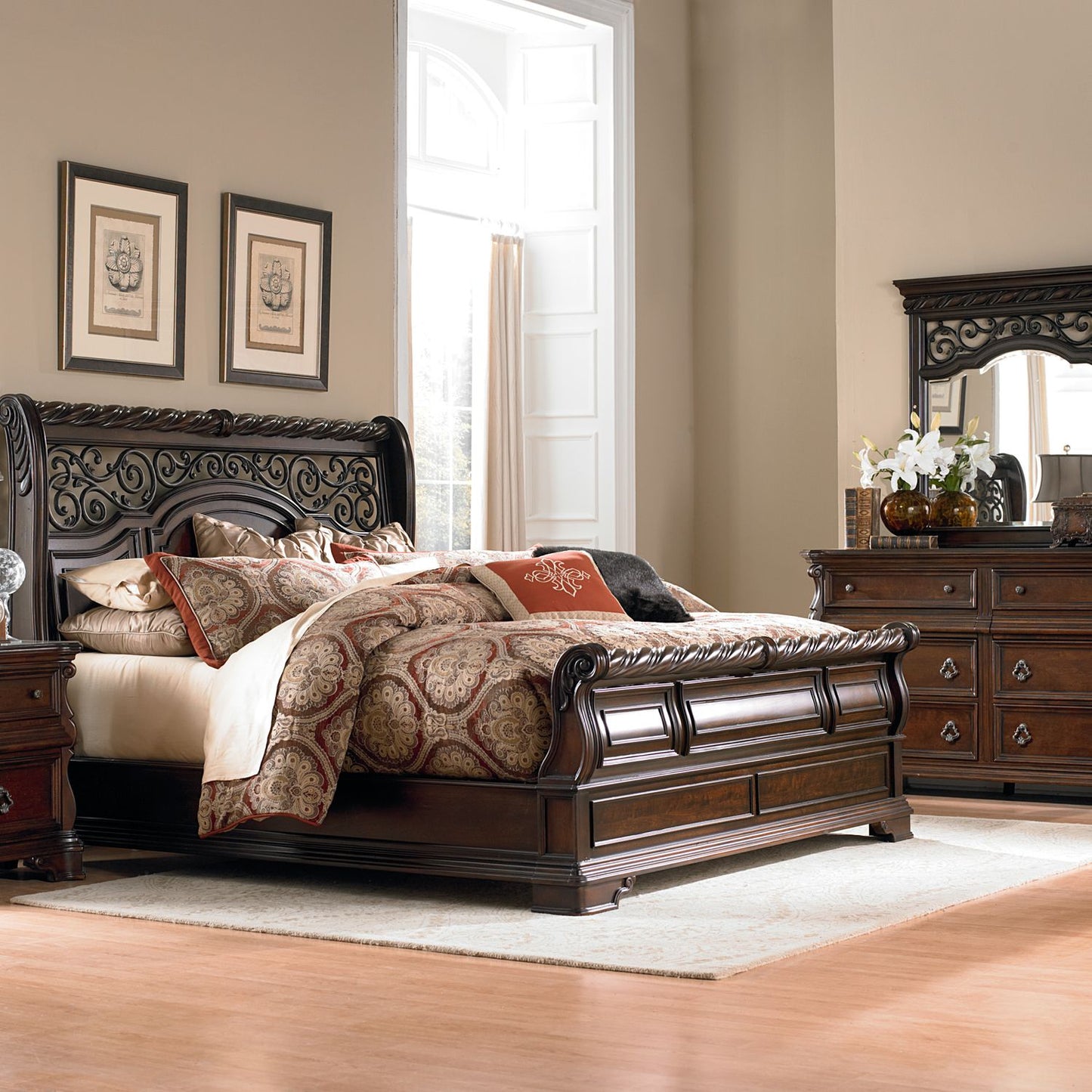 Arbor Place King Sleigh Bed, Dresser & Mirror, Night Stand