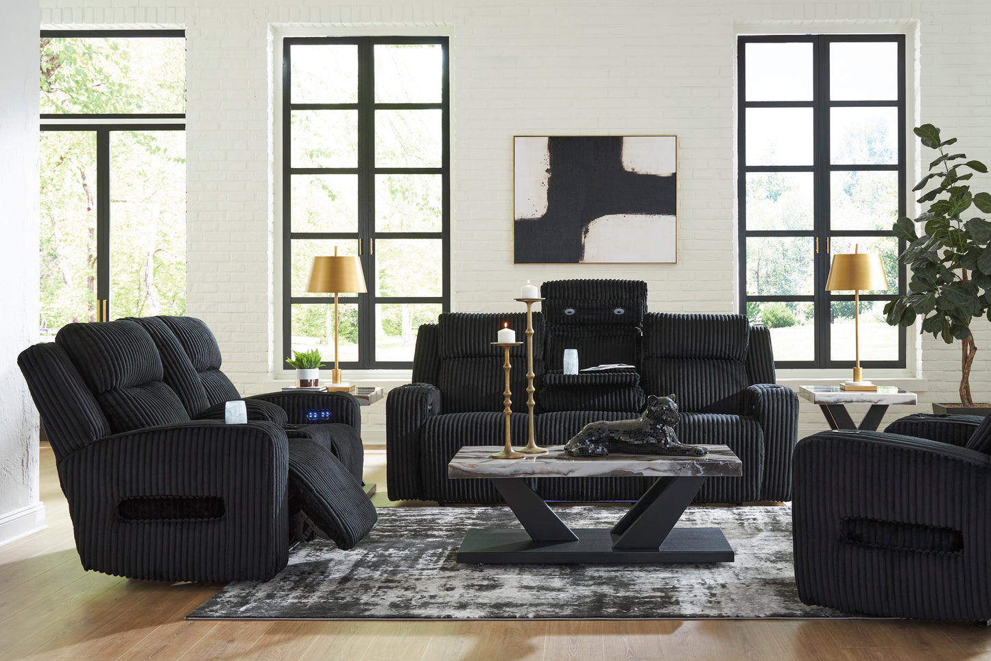 Forest Lake Power Reclining Black Sofa & Loveseat With Adjustable Headrest