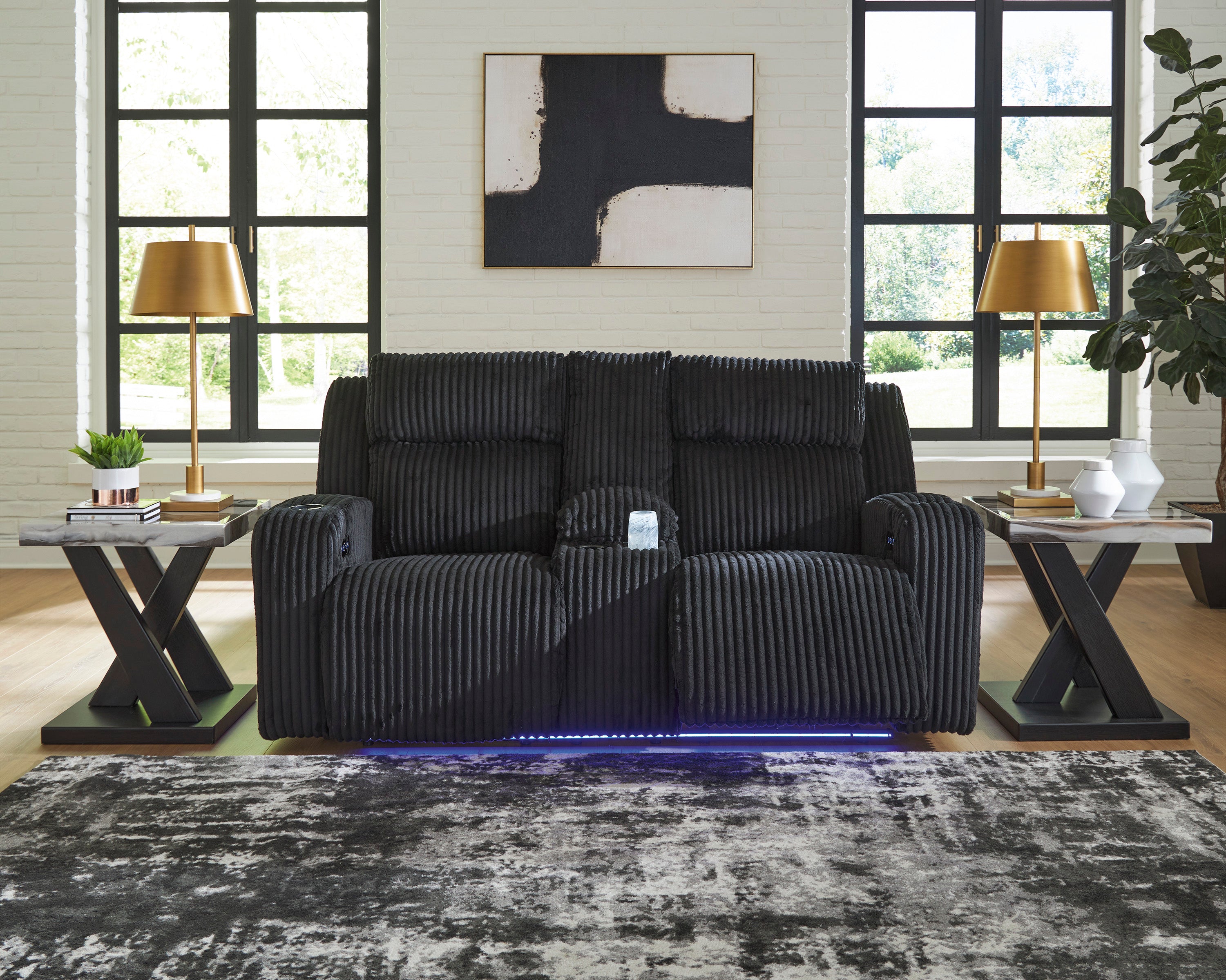 TwinBrooke Power Reclining Black Sofa & Loveseat With Adjustable Headrest