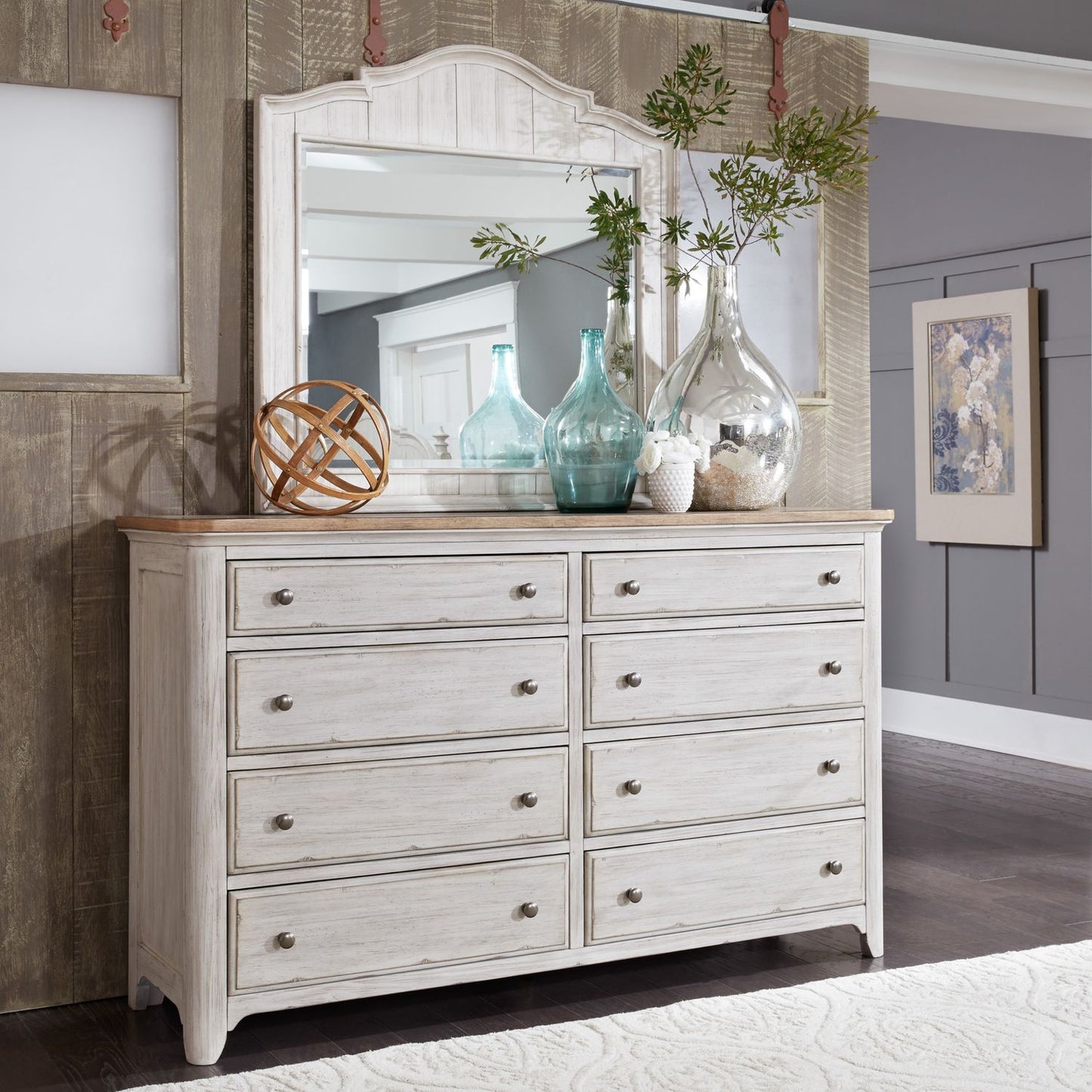 Farmhouse Reimagined King Sleigh Bed, Dresser & Mirror, Night Stand