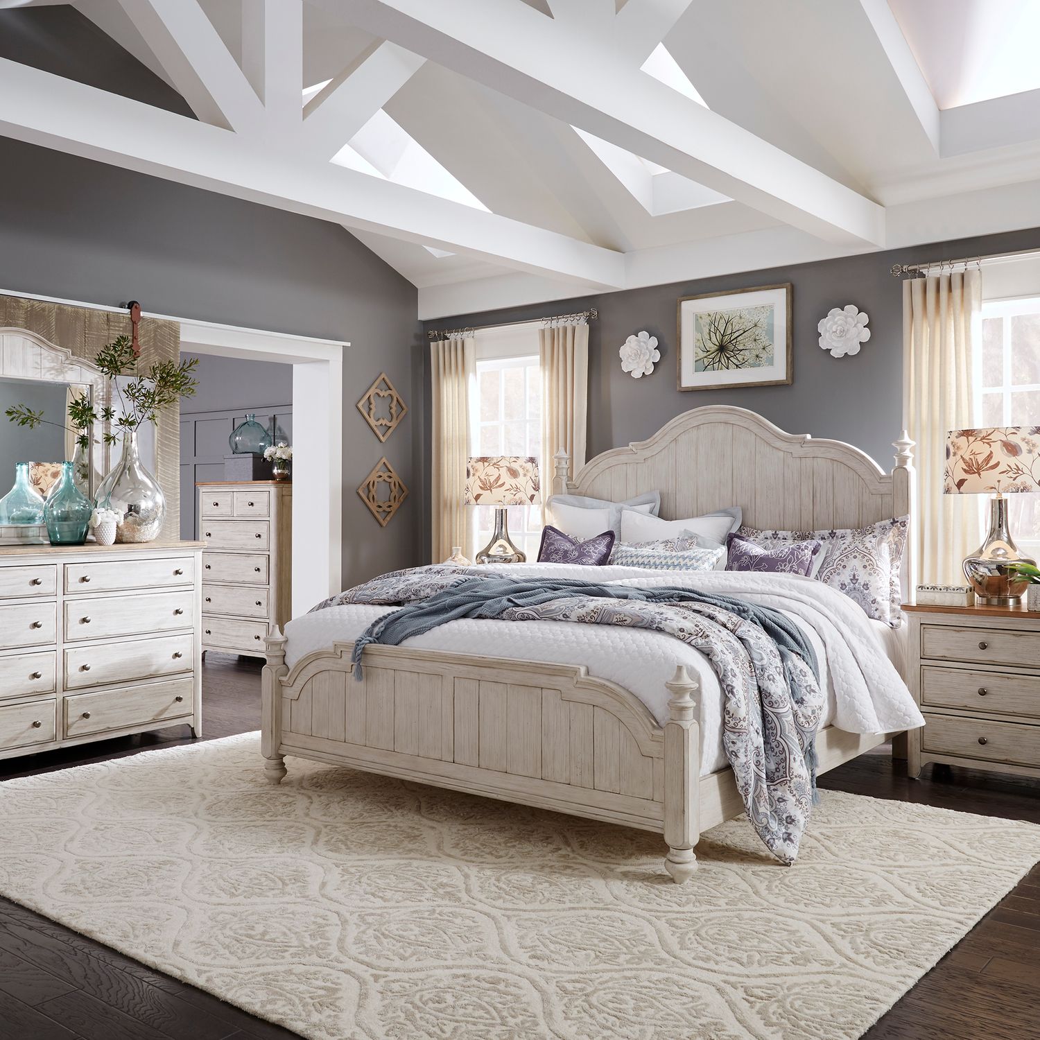 Farmhouse Reimagined Queen Poster Bed, Dresser & Mirror, Night Stand