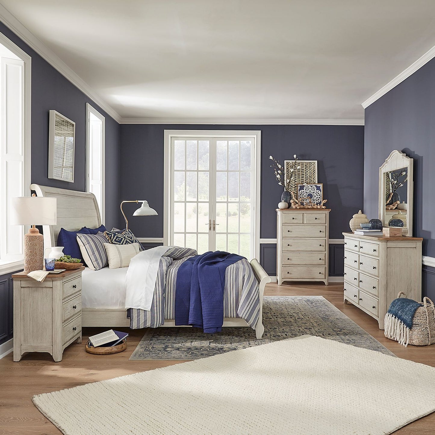 Farmhouse Reimagined Queen Sleigh Bed, Dresser & Mirror, Night Stand