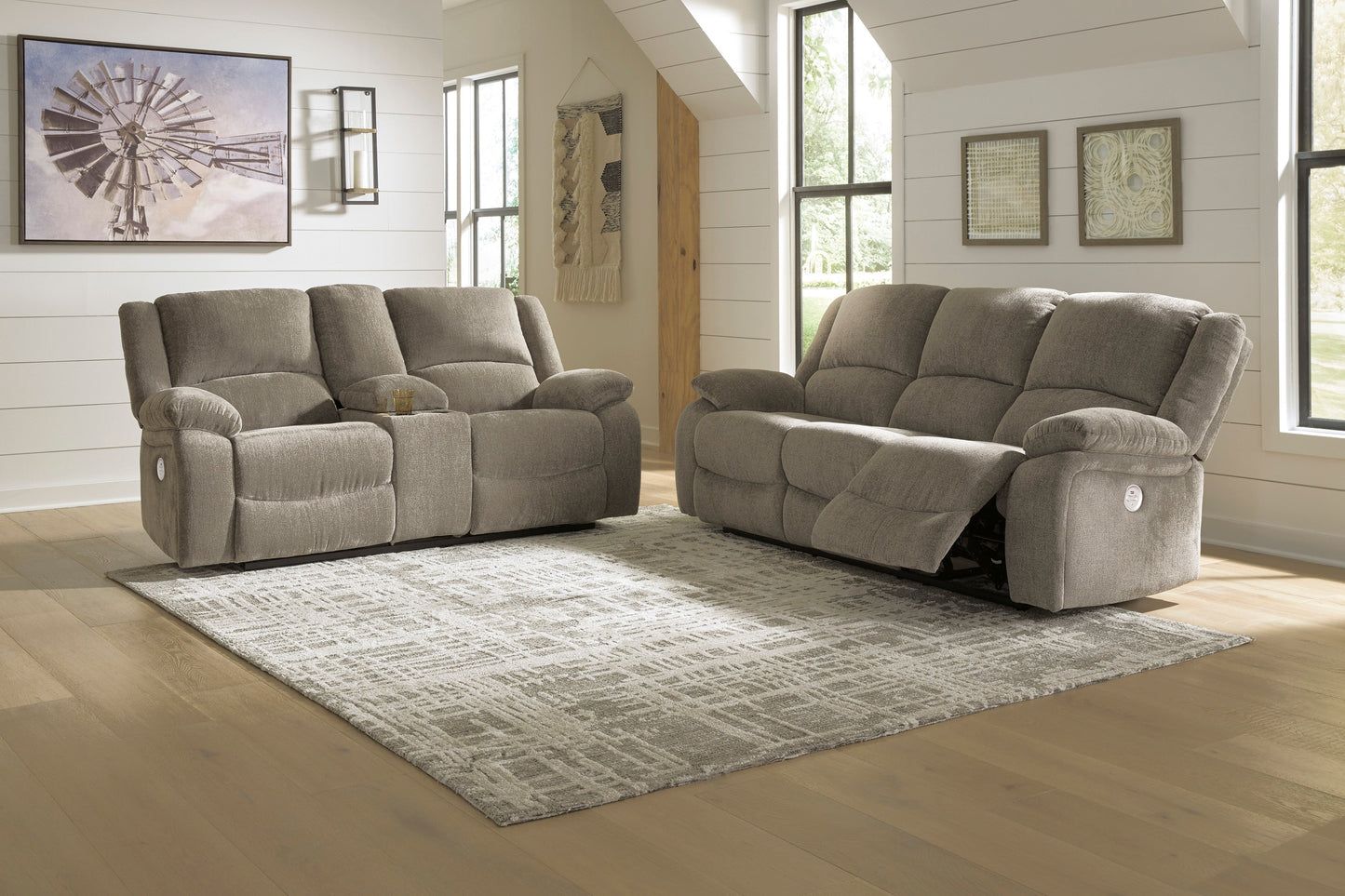 Draycoll Pewter Power Reclining Sofa and Loveseat