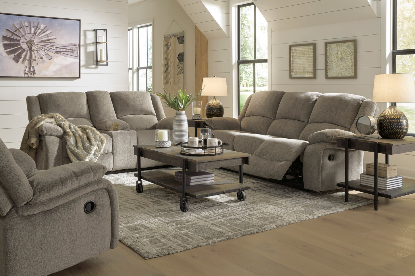 Draycoll Pewter Manual Reclining Sofa and Loveseat