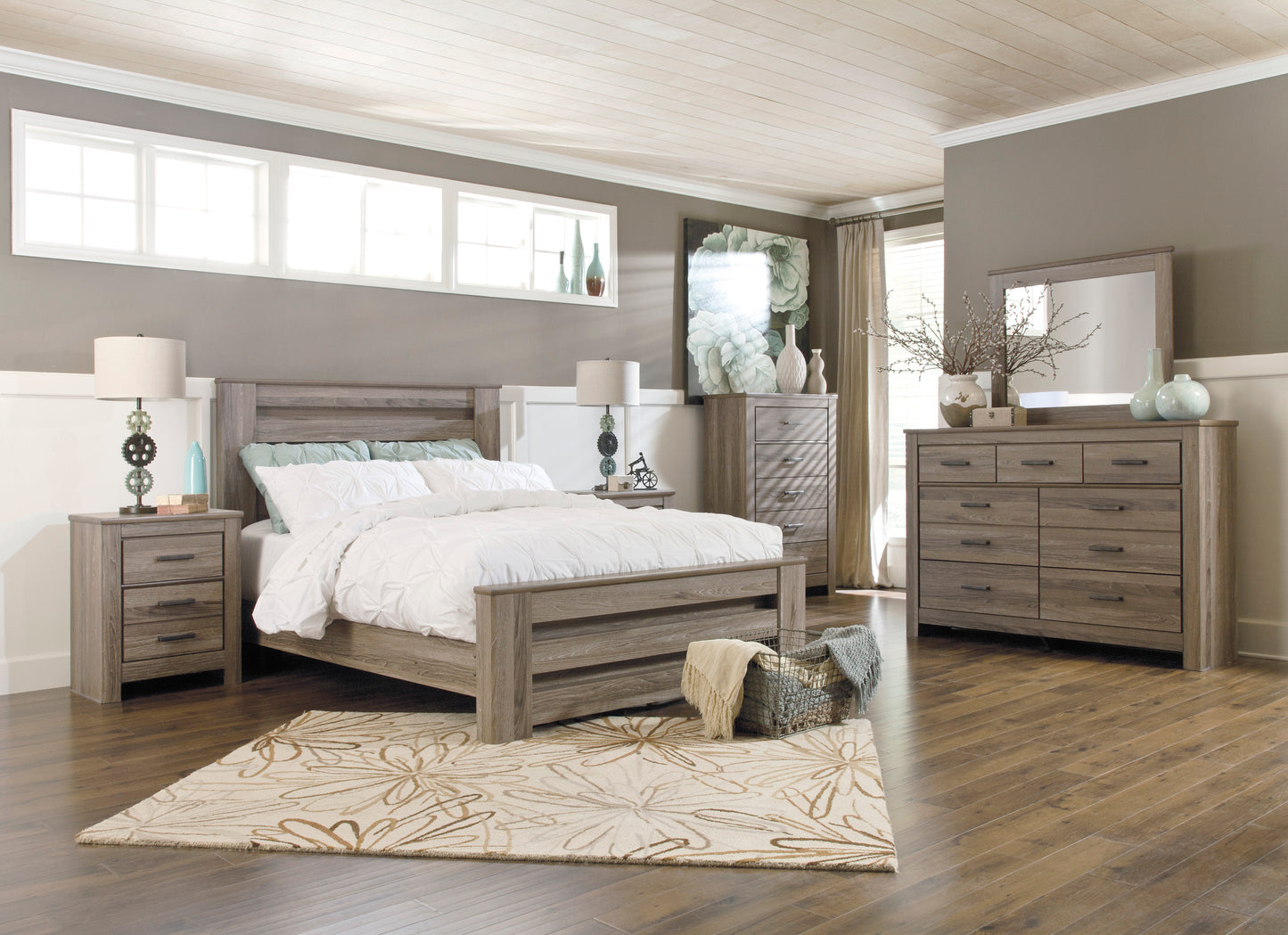 Zelen Queen Panel Bed, Dresser, Mirror and Nightstand