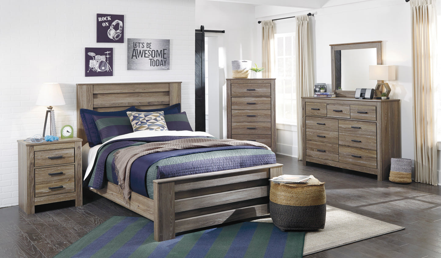 Zelen Full Panel Bed, Dresser, Mirror and Nightstand