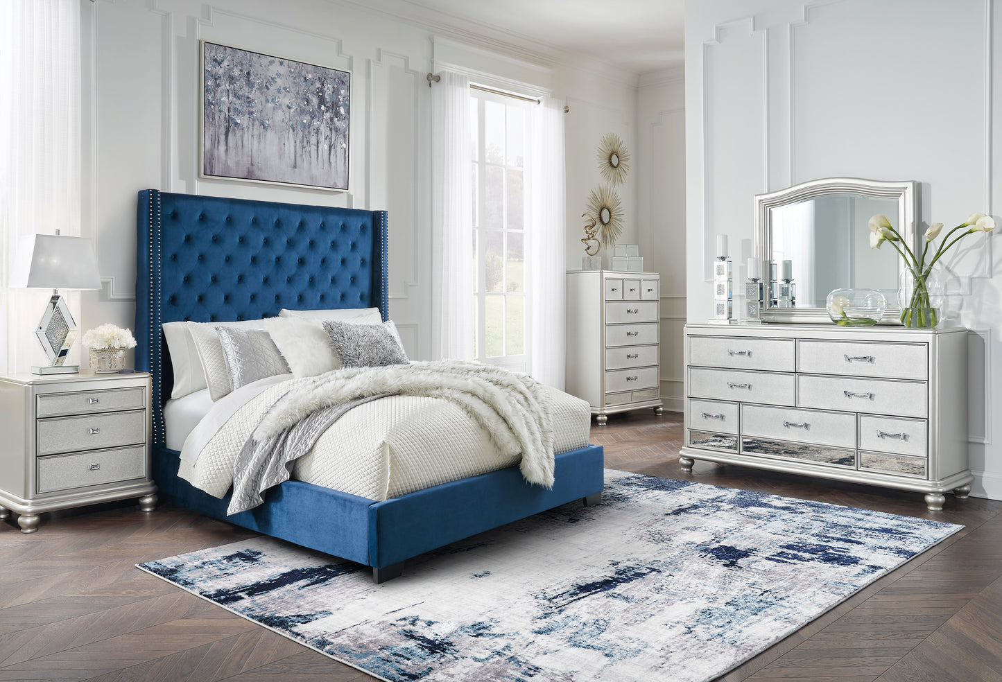 Coralayne King Upholstered Bed, Dresser, Mirror and Nightstand