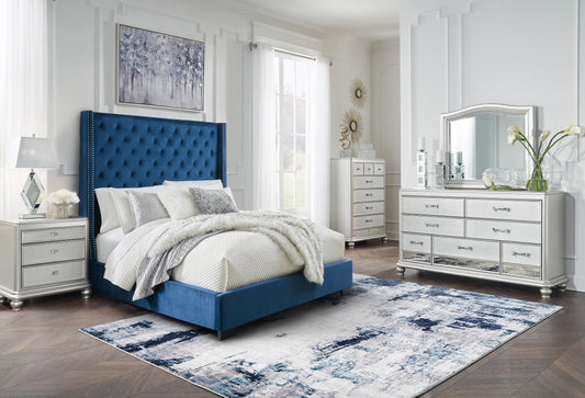 Coralayne Queen Upholstered Bed, Dresser, Mirror and Nightstand