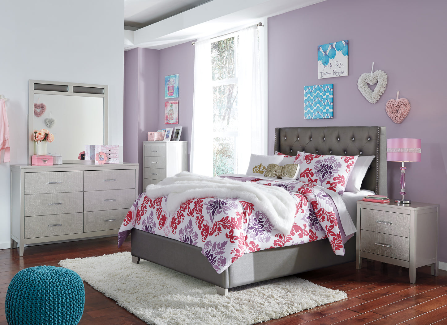 Coralayne Full Upholstered Bed, Dresser, Mirror and Nightstand