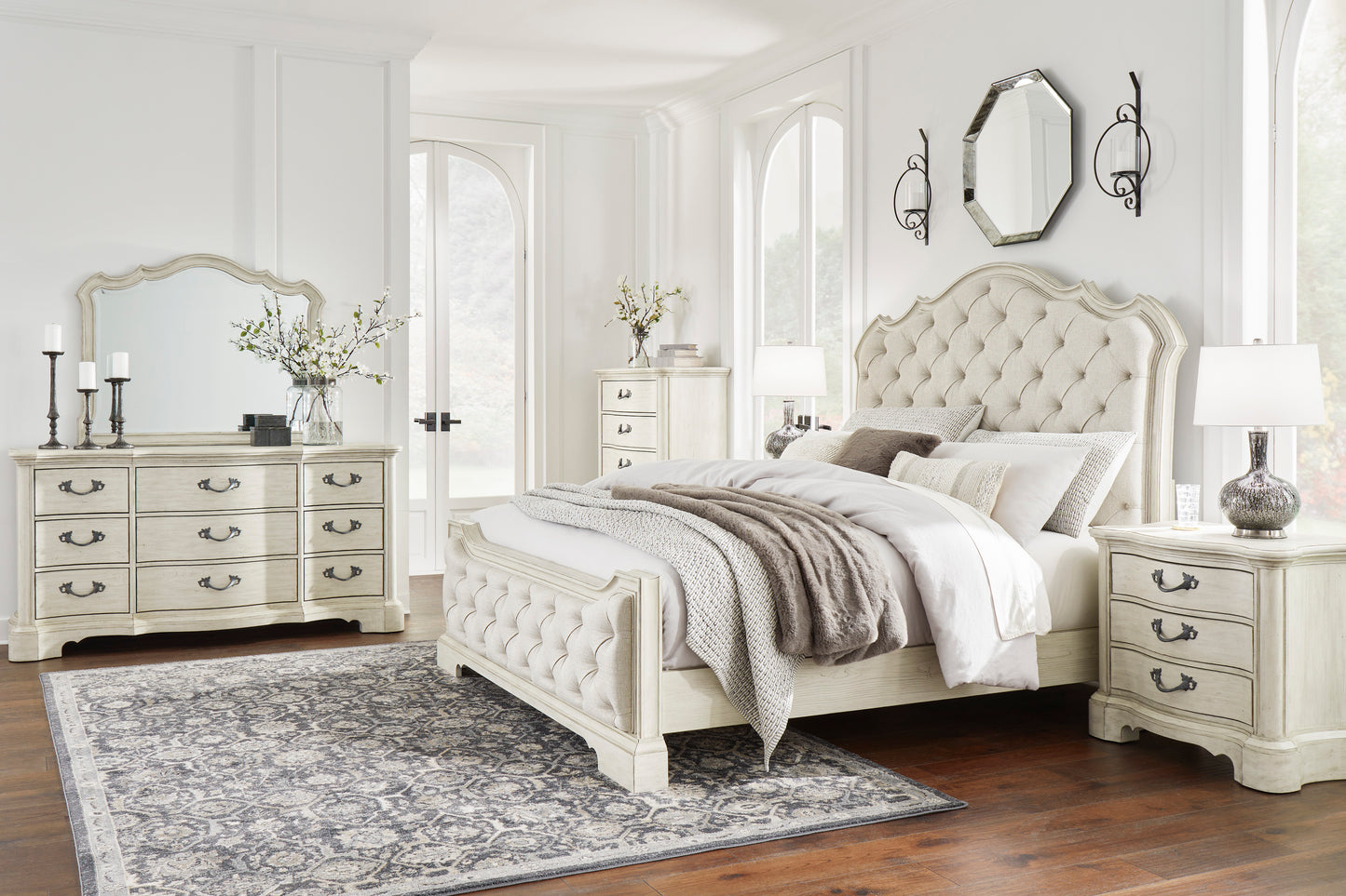 Arlendyne Queen Upholstered Bed,Dresser, Mirror & Nightstand