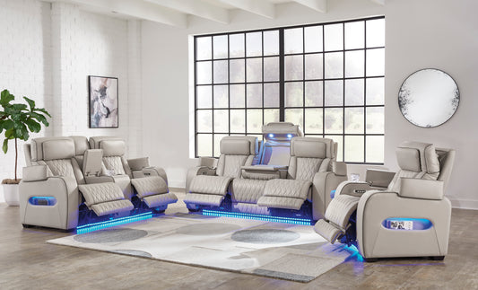 Boyington Gray Triple Power Leather Reclining Sofa and Loveseat