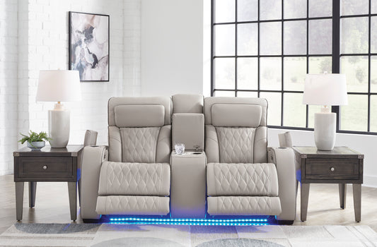 Boyington Gray Dual Power Leather Reclining Loveseat with Console