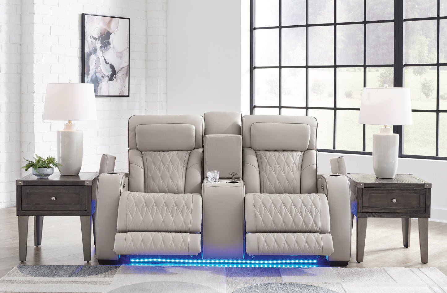 Boyington Gray Triple Power Leather Reclining Sofa and Loveseat