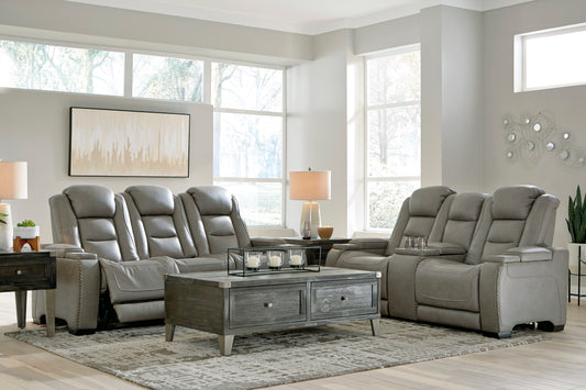 The Man-Den Gray Triple Power Reclining Sofa & Loveseat