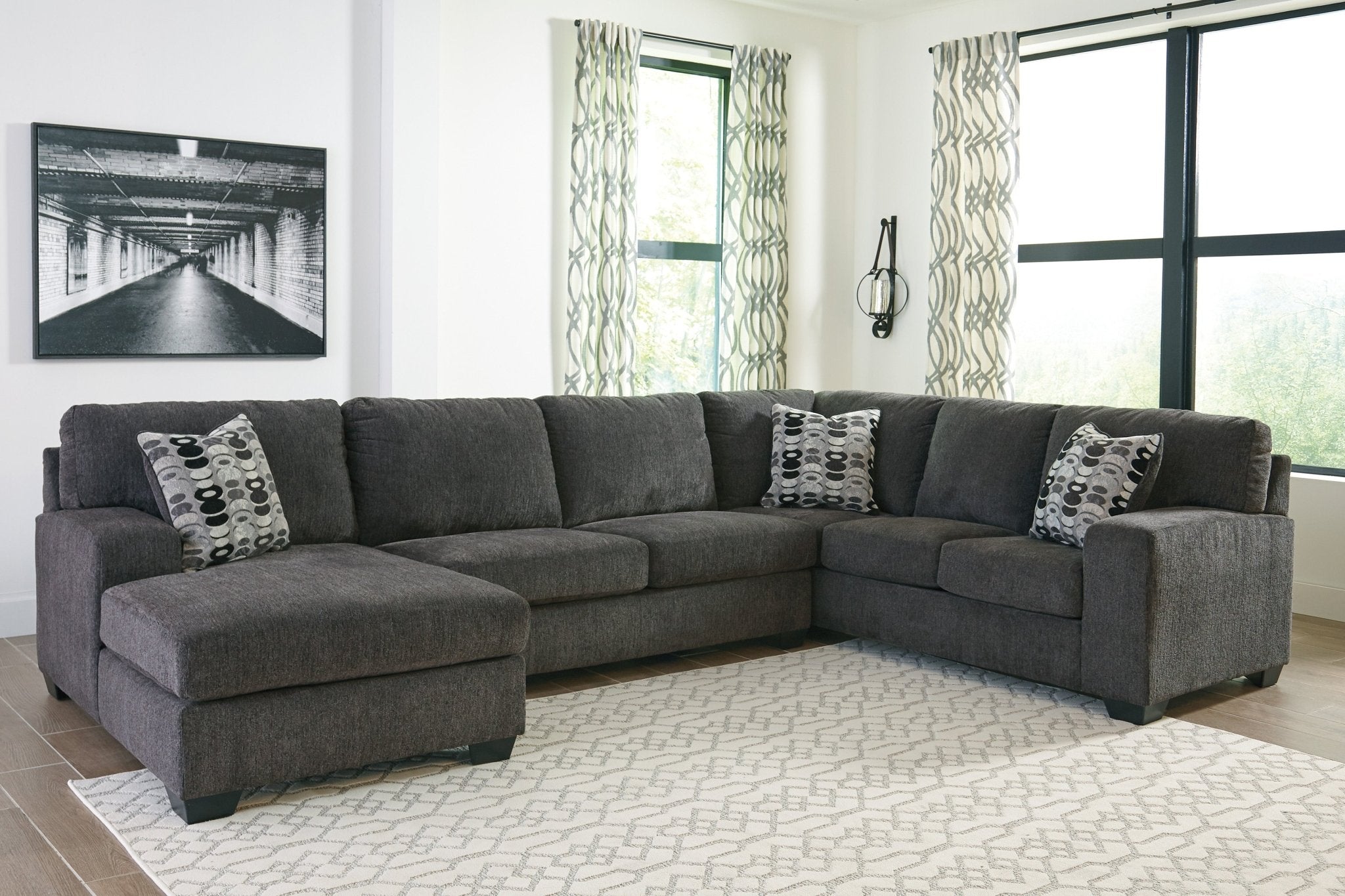 Ballinasloe Smoke 3-Piece Sectional with Chaise - Rooms For Less Furniture Outlet