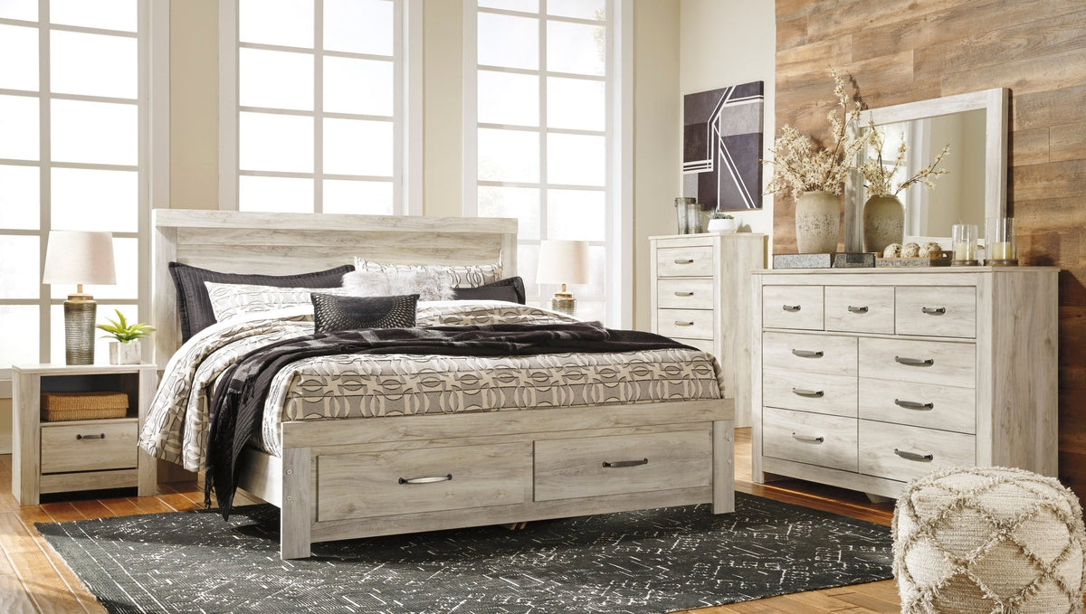Bellaby King Platform Storage Bed, Dresser, Mirror and Nightstand - Rooms For Less Furniture Outlet