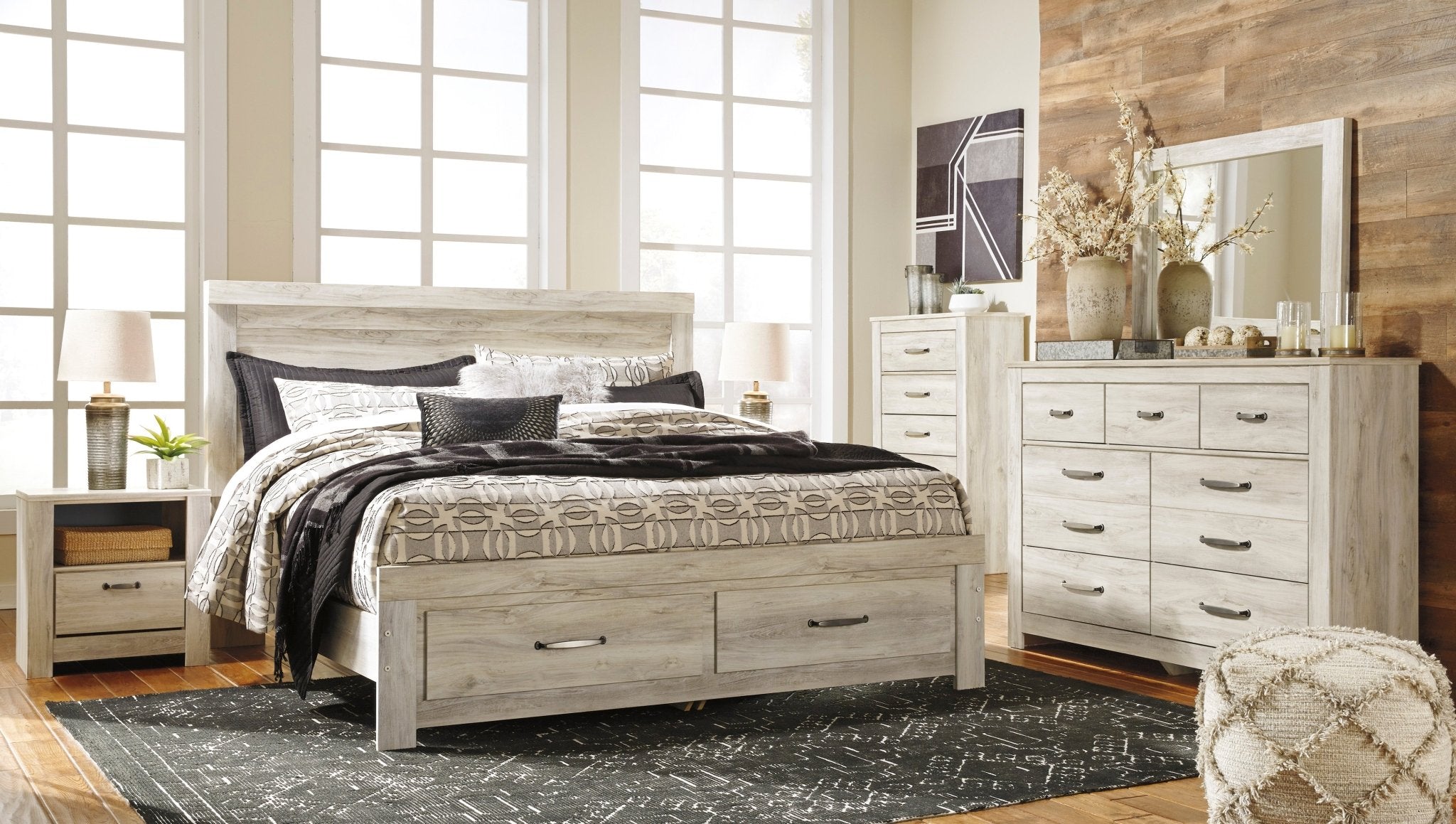 Bellaby King Platform Storage Bed, Dresser, Mirror and Nightstand - Rooms For Less Furniture Outlet