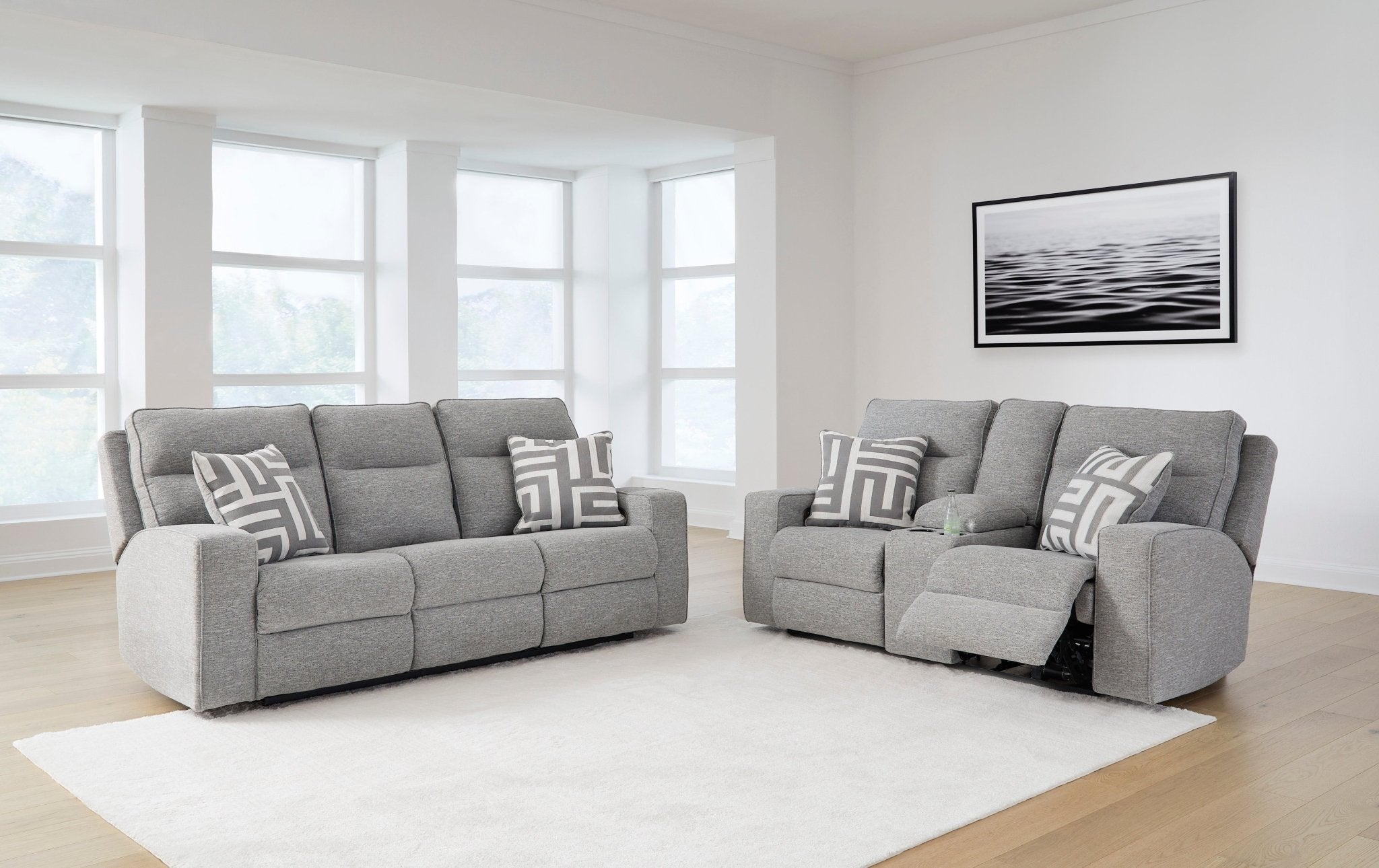 Biscoe Performance Fabric Dual Power Reclining Sofa and Loveseat - Rooms For Less Furniture Outlet