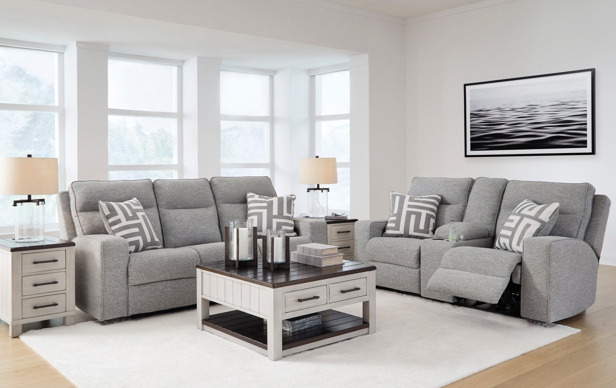 Biscoe Performance Fabric Dual Power Reclining Sofa and Loveseat - Rooms For Less Furniture Outlet