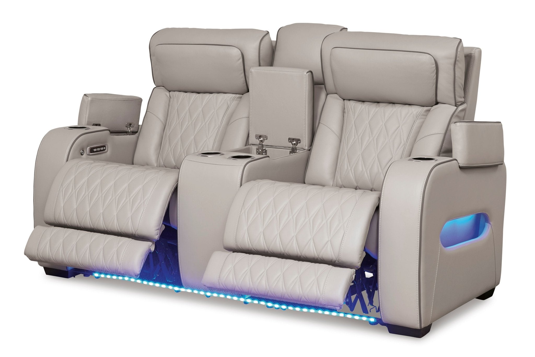 Boyington Gray Dual Power Leather Reclining Loveseat with Console - Rooms For Less Furniture Outlet