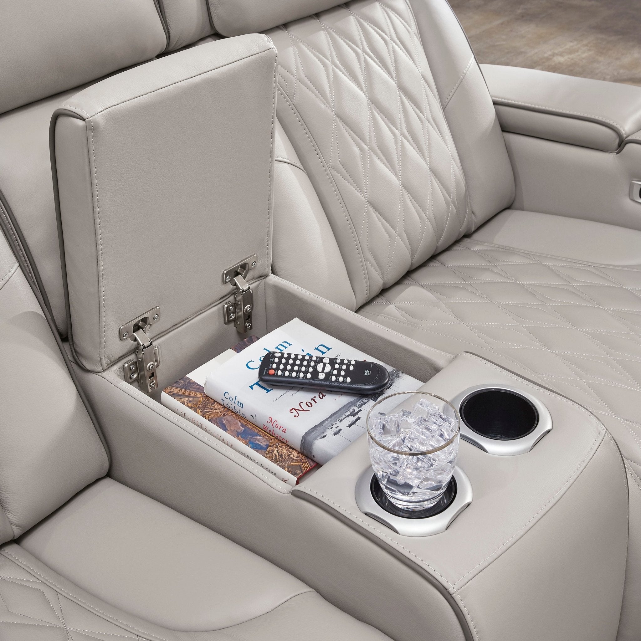 Boyington Gray Dual Power Leather Reclining Loveseat with Console - Rooms For Less Furniture Outlet