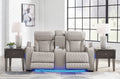 Boyington Gray Dual Power Leather Reclining Loveseat with Console - Rooms For Less Furniture Outlet