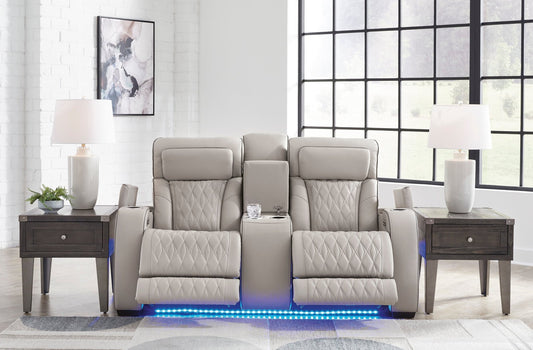 Boyington Gray Dual Power Leather Reclining Loveseat with Console - Rooms For Less Furniture Outlet