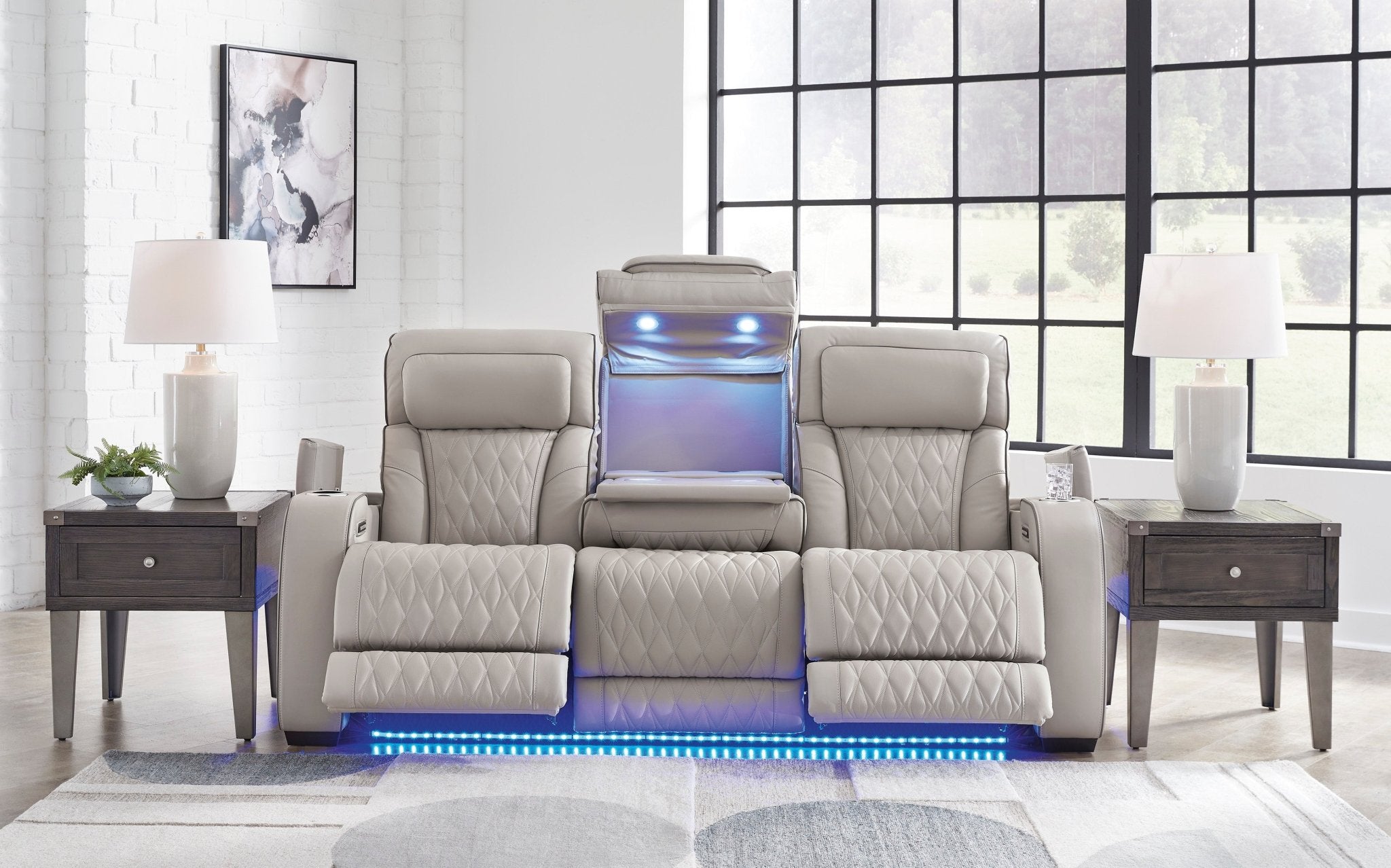 Boyington Gray Dual Power Leather Reclining Sofa - Rooms For Less Furniture Outlet