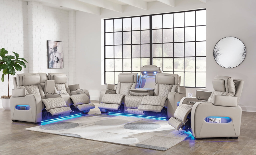 Boyington Gray Triple Power Leather Reclining Sofa and Loveseat - Rooms For Less Furniture Outlet