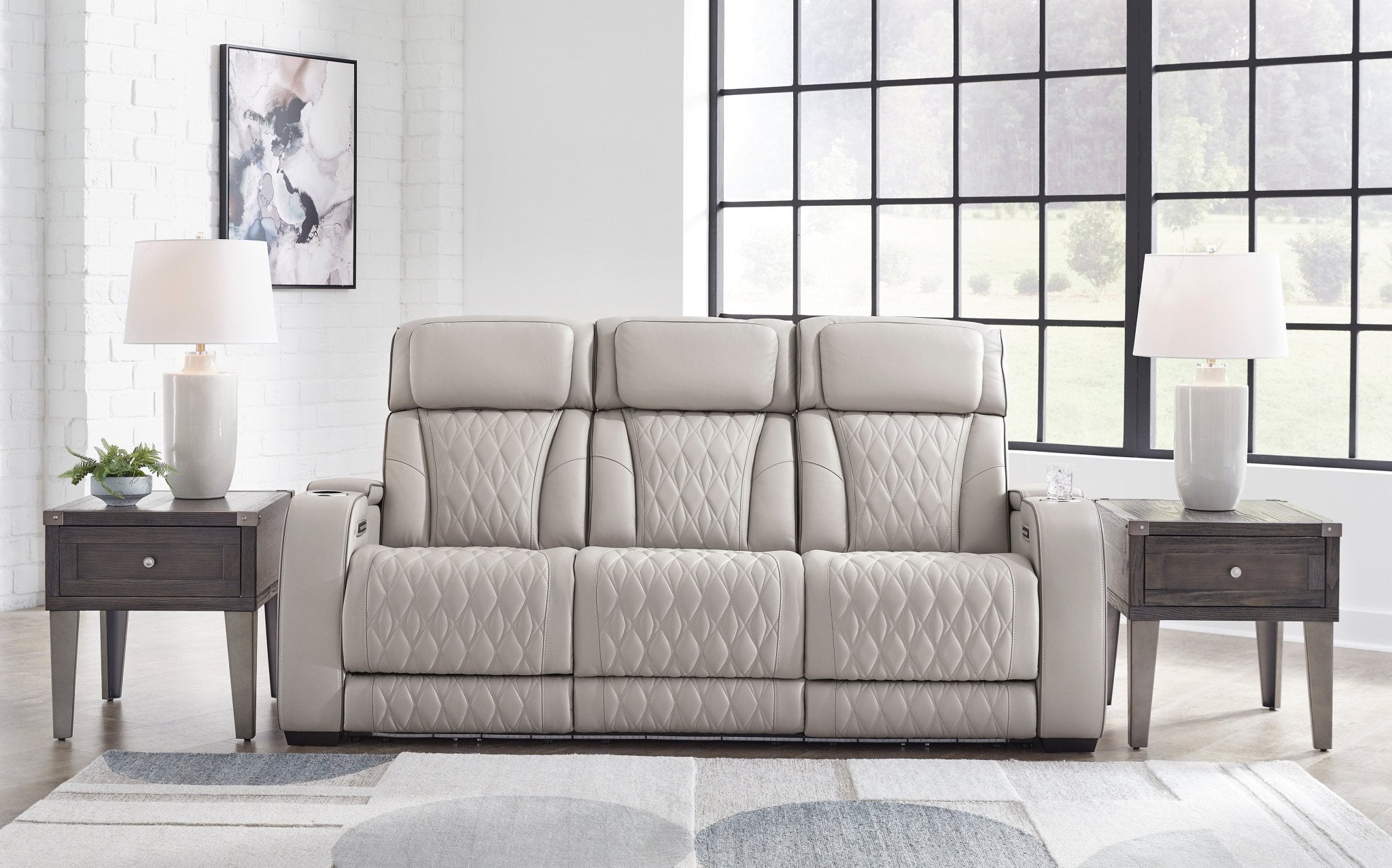 Boyington Gray Triple Power Leather Reclining Sofa and Loveseat - Rooms For Less Furniture Outlet