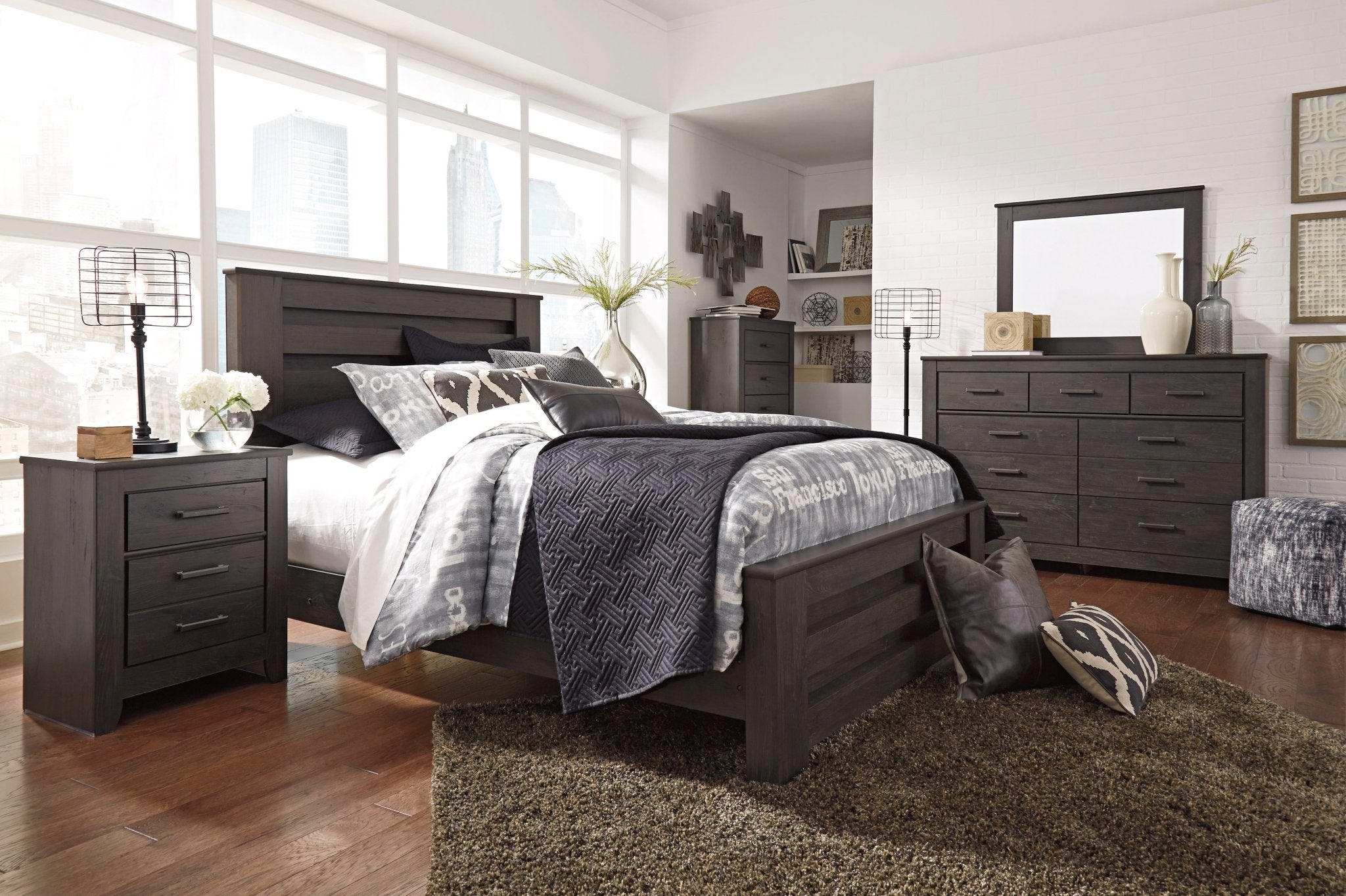 Brinxton Queen Panel Bed, Dresser, Mirror & Nightstand - Rooms For Less Furniture Outlet