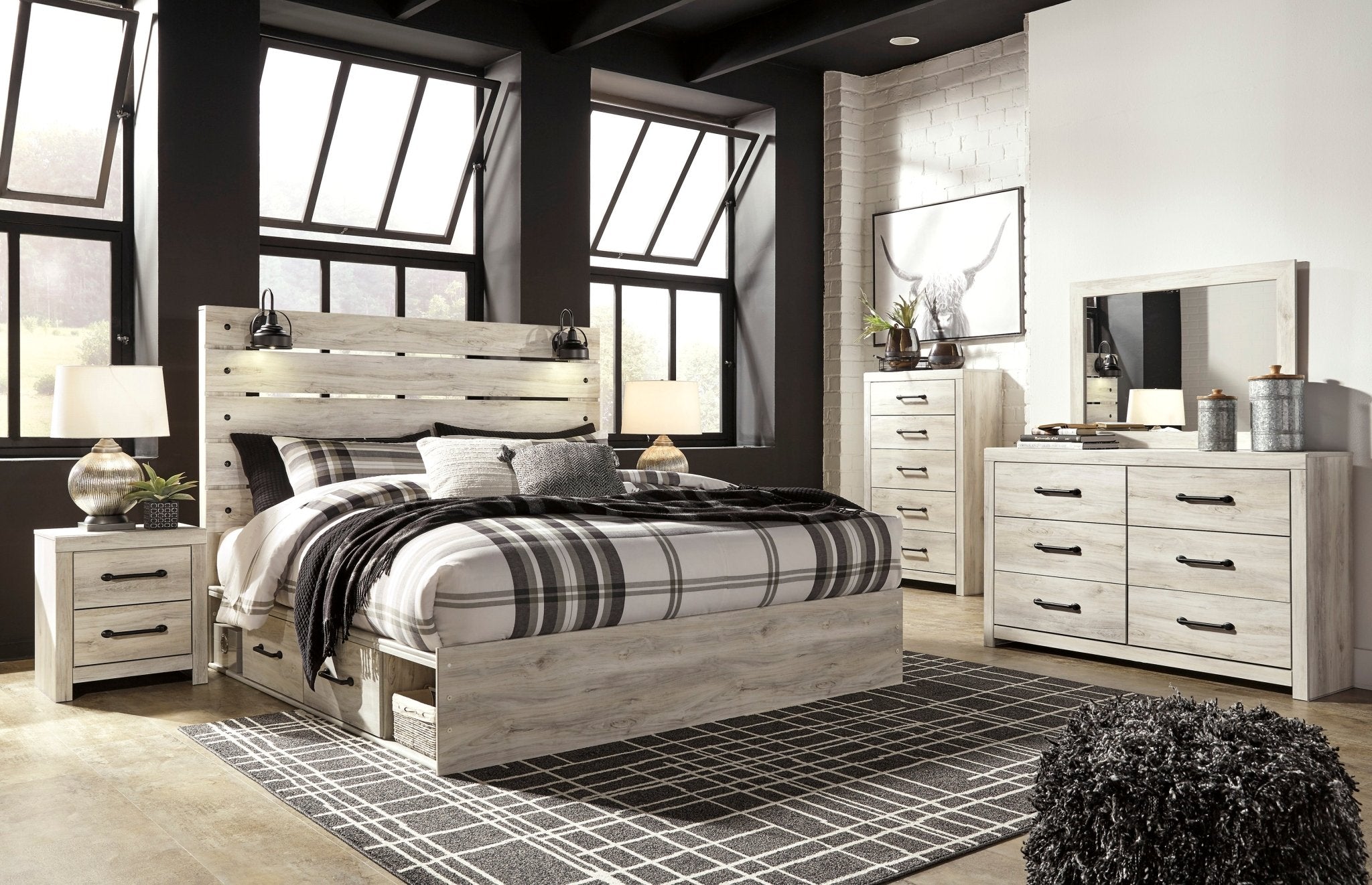 Cambeck King Platform Storage Bed, Dresser, Mirror and Nightstand - Rooms For Less Furniture Outlet