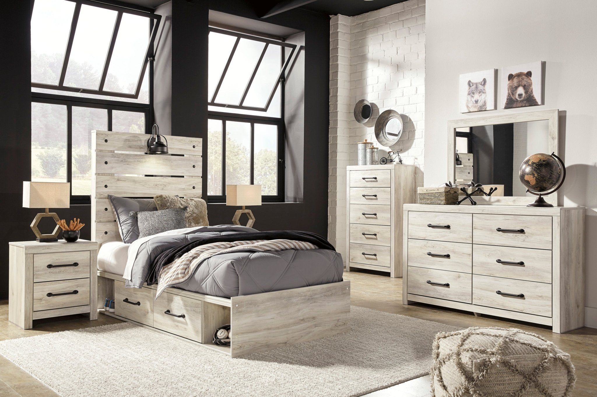 Cambeck Twin Platform Storage Bed, Dresser, Mirror and Nightstand - Rooms For Less Furniture Outlet