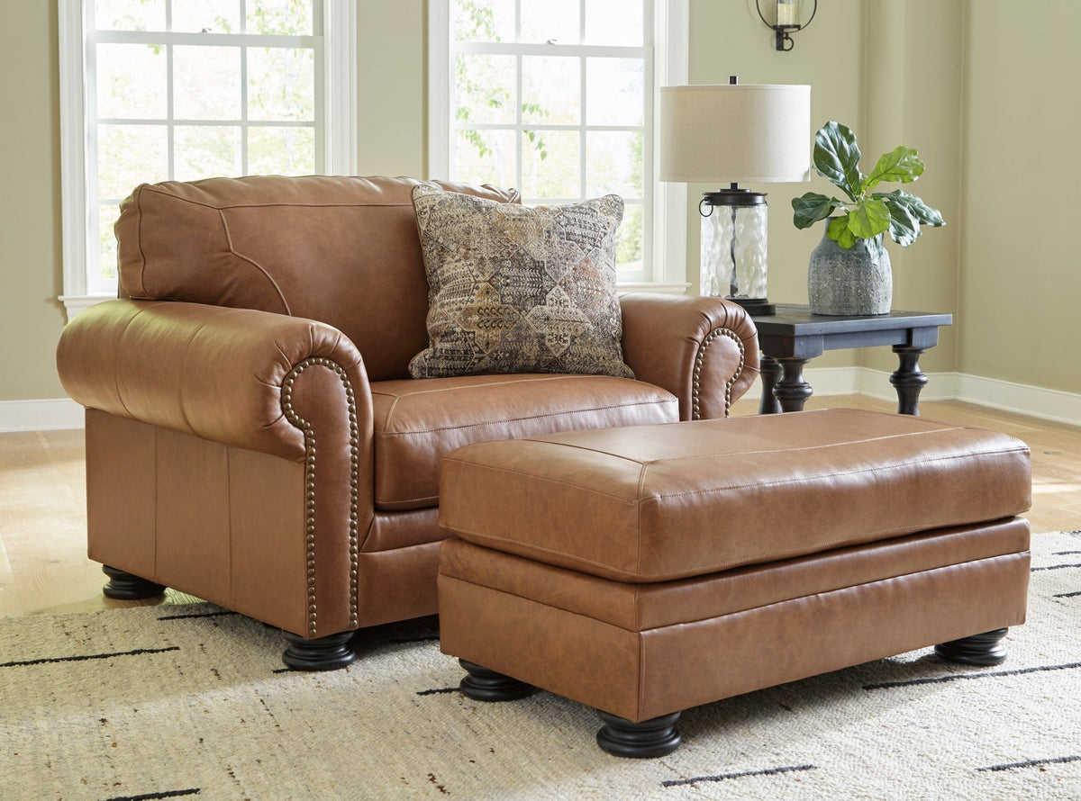 Carianna Caramel Leather Oversized Chair & Ottoman - Rooms For Less Furniture Outlet
