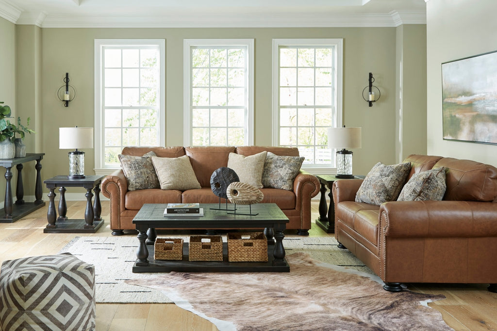 Carianna Caramel Leather Sofa and Loveseat - Rooms For Less Furniture Outlet