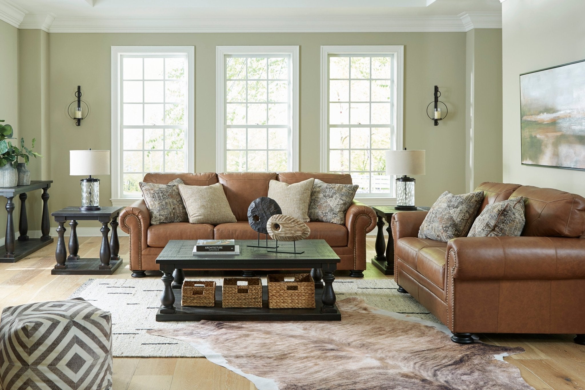 Carianna Caramel Leather Sofa and Loveseat - Rooms For Less Furniture Outlet