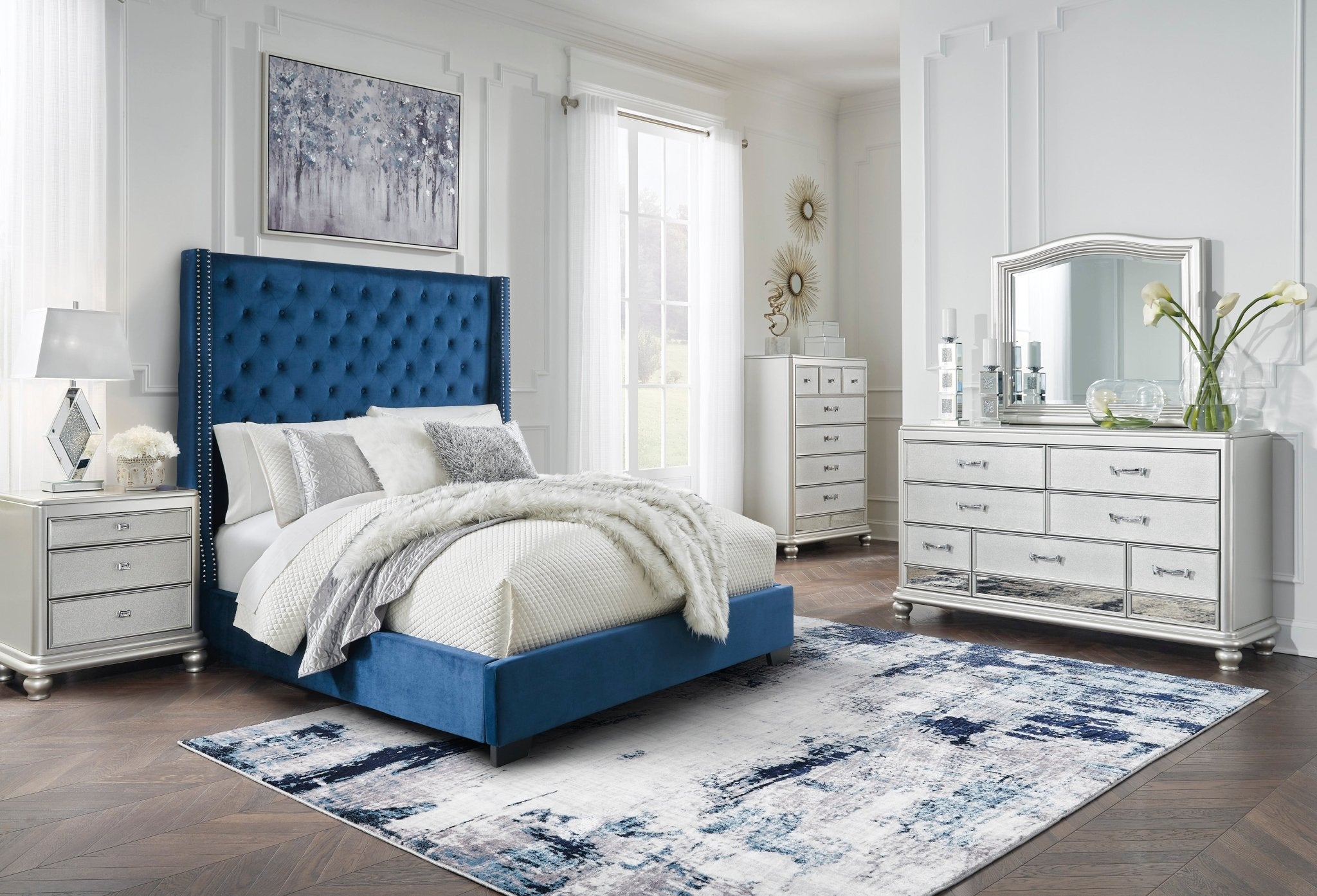 Coralayne King Upholstered Bed, Dresser, Mirror and Nightstand - Rooms For Less Furniture Outlet