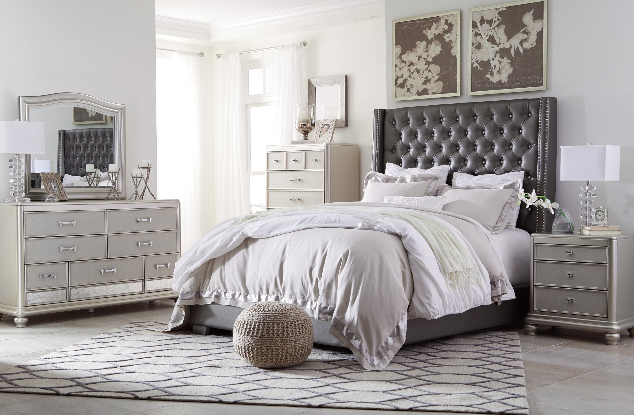 Coralayne King Upholstered Bed, Dresser, Mirror and Nightstand - Rooms For Less Furniture Outlet