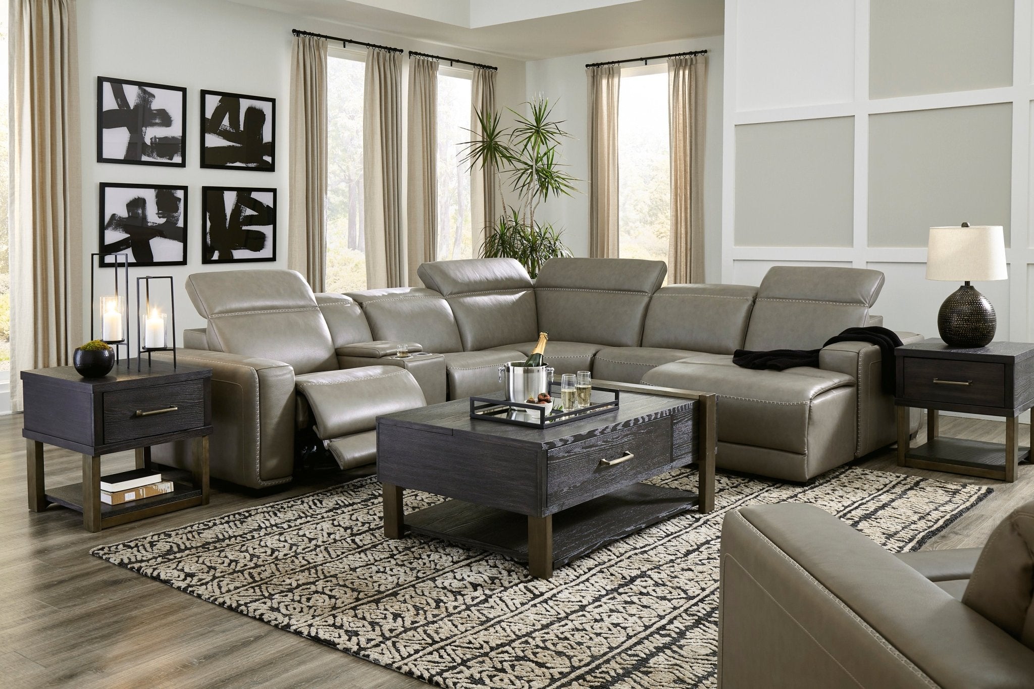 Correze 6 - Piece Dual Power Leather Reclining Modular Sectional with Console and Chaise - Rooms For Less Furniture Outlet