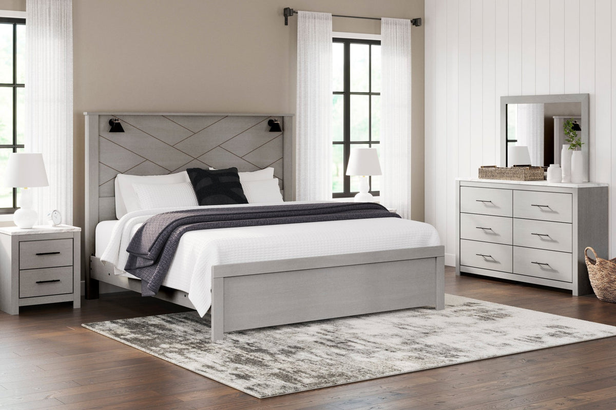Cottonburg King Panel Bed with Mirrored Dresser and Nightstand - Rooms For Less Furniture Outlet