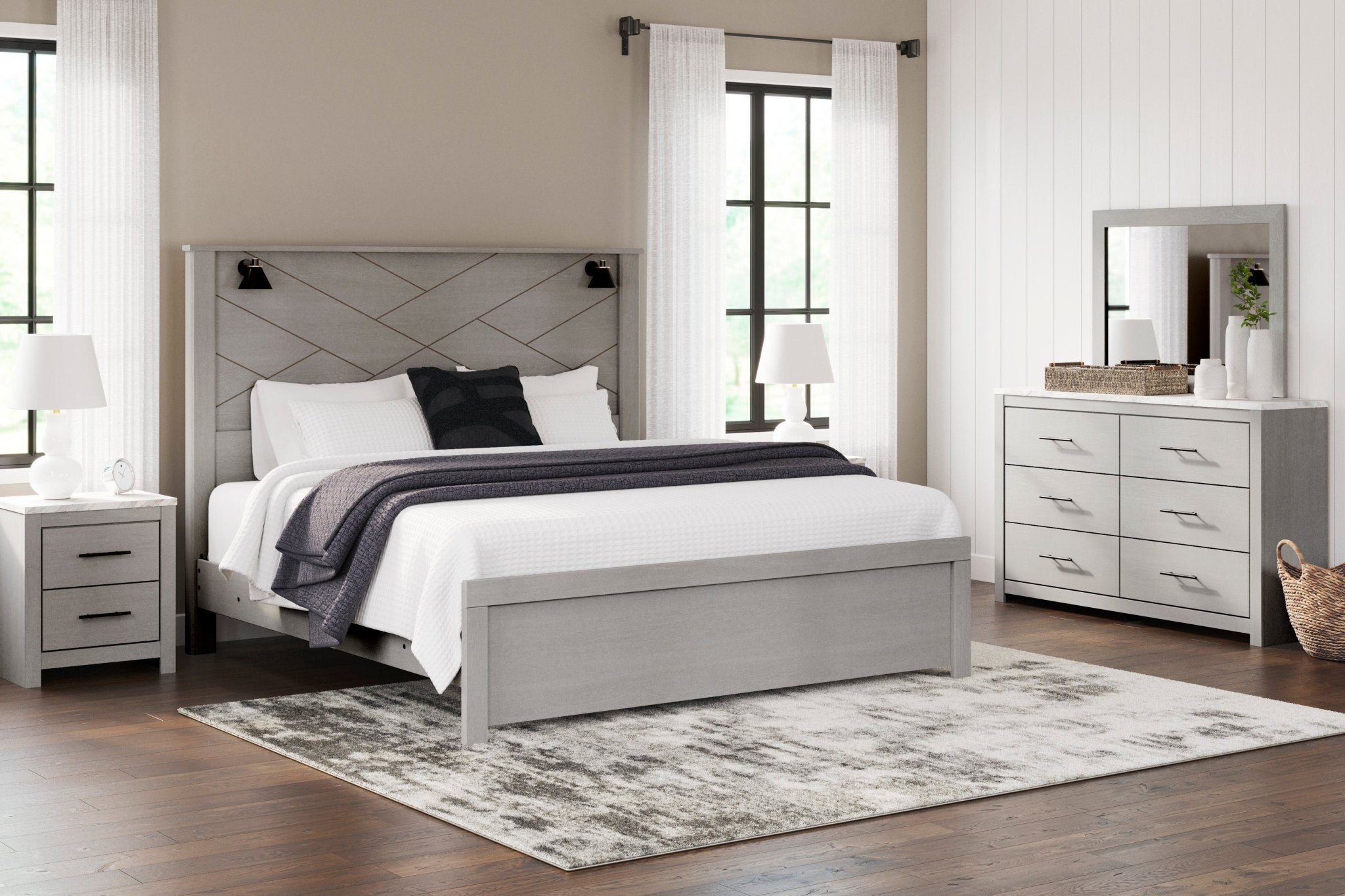 Cottonburg King Panel Bed with Mirrored Dresser and Nightstand - Rooms For Less Furniture Outlet